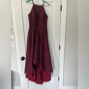Halter spaghetti strap burgundy lace high-low dress